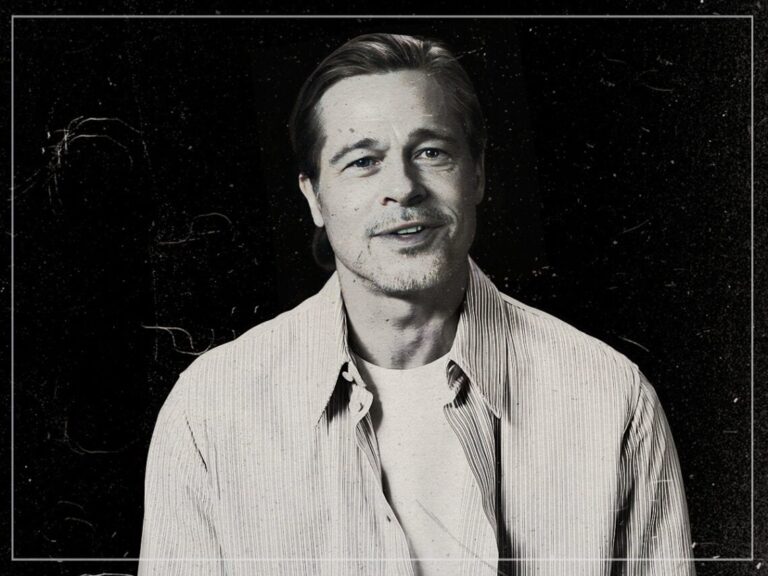 A black and white portrait of a brad Pitt with short hair, wearing a button-up shirt over a t-shirt, smiling against a dark background. The image has a textured overlay with subtle scratches and lines.