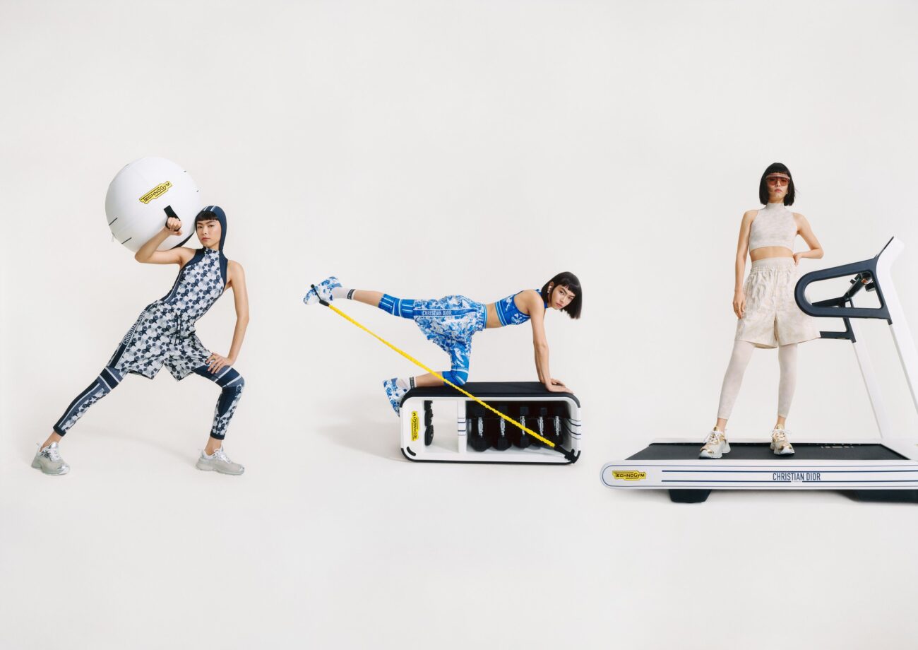 A woman in athletic wear demonstrates three different exercises: holding a large sphere, performing a plank with resistance bands, and standing on a treadmill. The background is plain white.